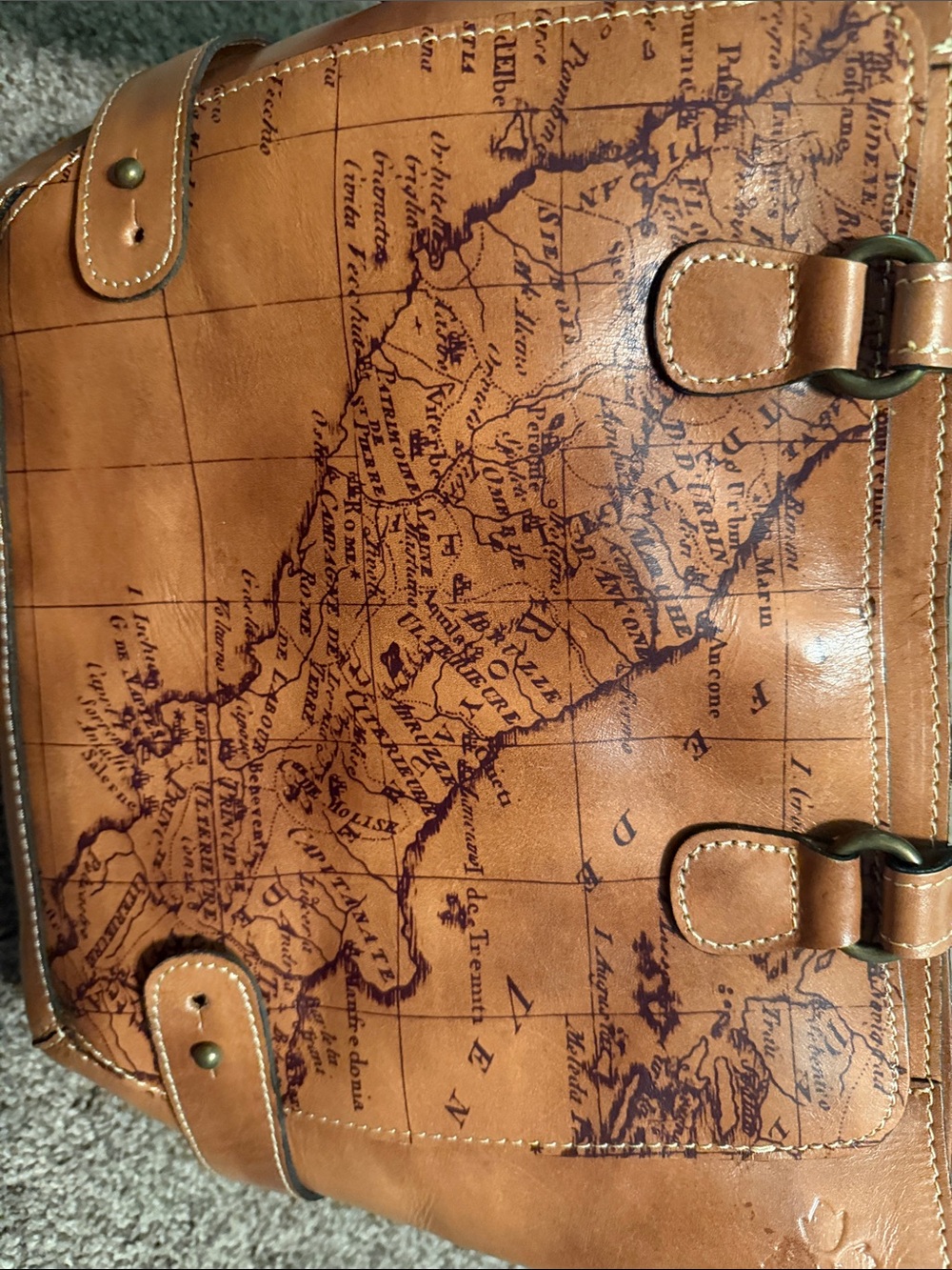 Patricia Nash Tan Map-Print Leather Shoulder Tote - Picture 2 of 7